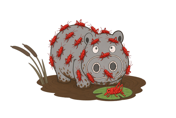 Pond picture: HippoCricket. A hippo standing in a muddy pond, covered in red crickets.